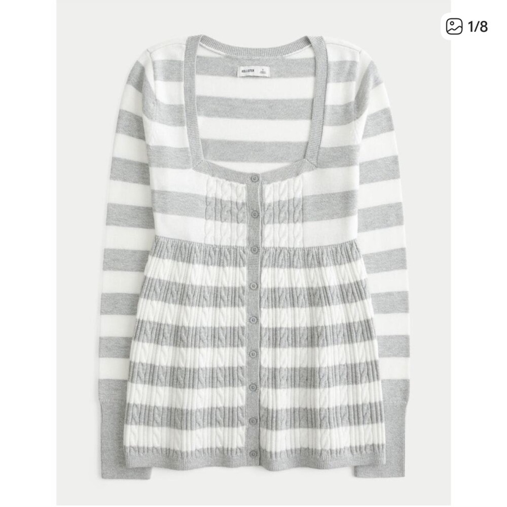 HOLLISTER Y2K Striped Babydoll Sweater Long Sleeve Square Neck Womens S Grey NWT